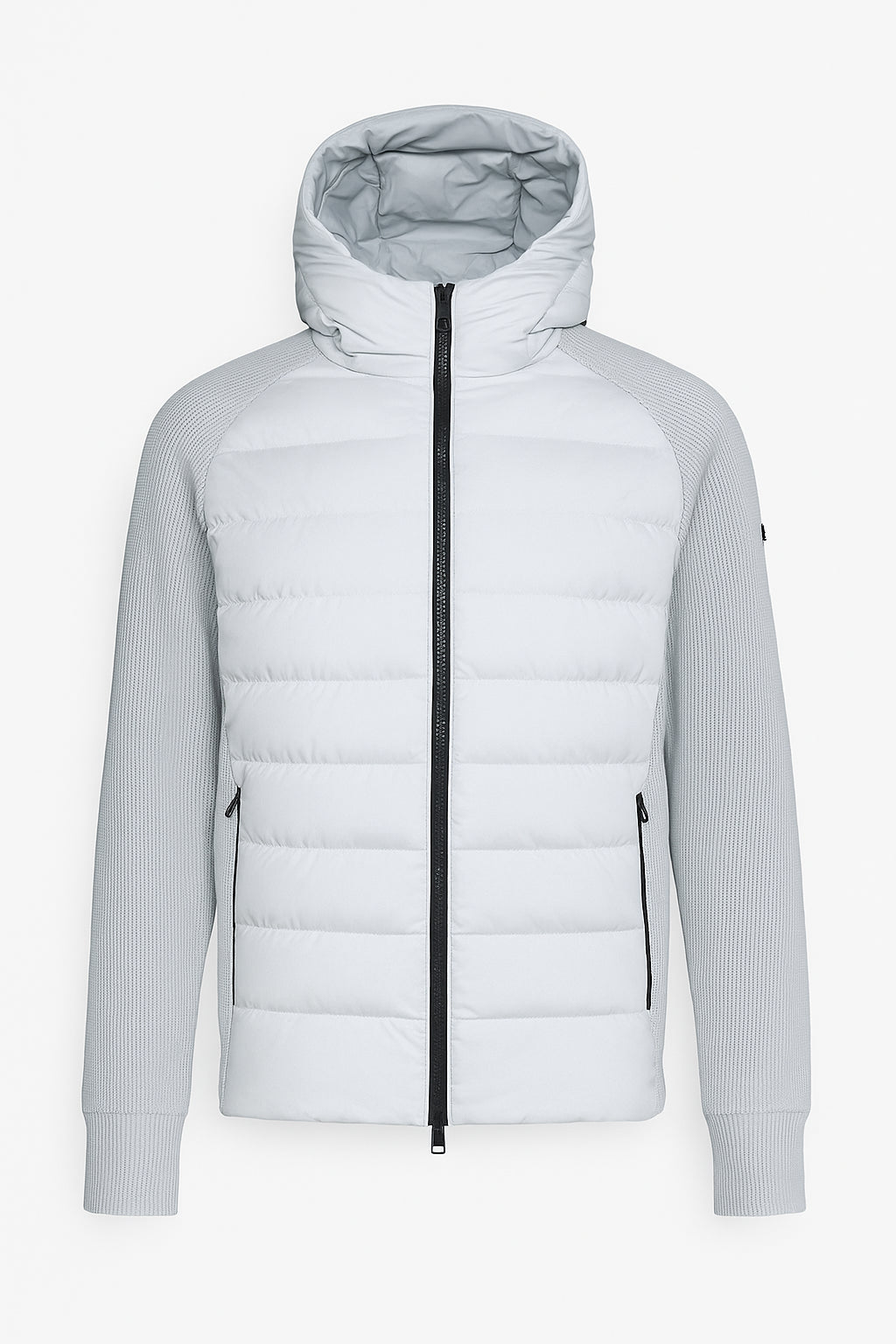 Giubbino Elast Man in light grey, featuring a zip front, hood, and elasticized sleeves for warmth and style.