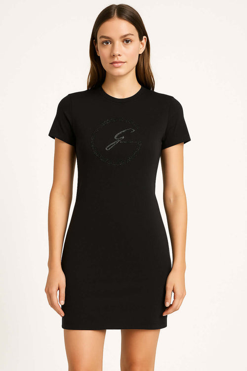 Abito Gattinoni Estivo Elegante, abito t-shirt nero con logo 'G' in strass, slim fit, morbido cotone elasticizzato.