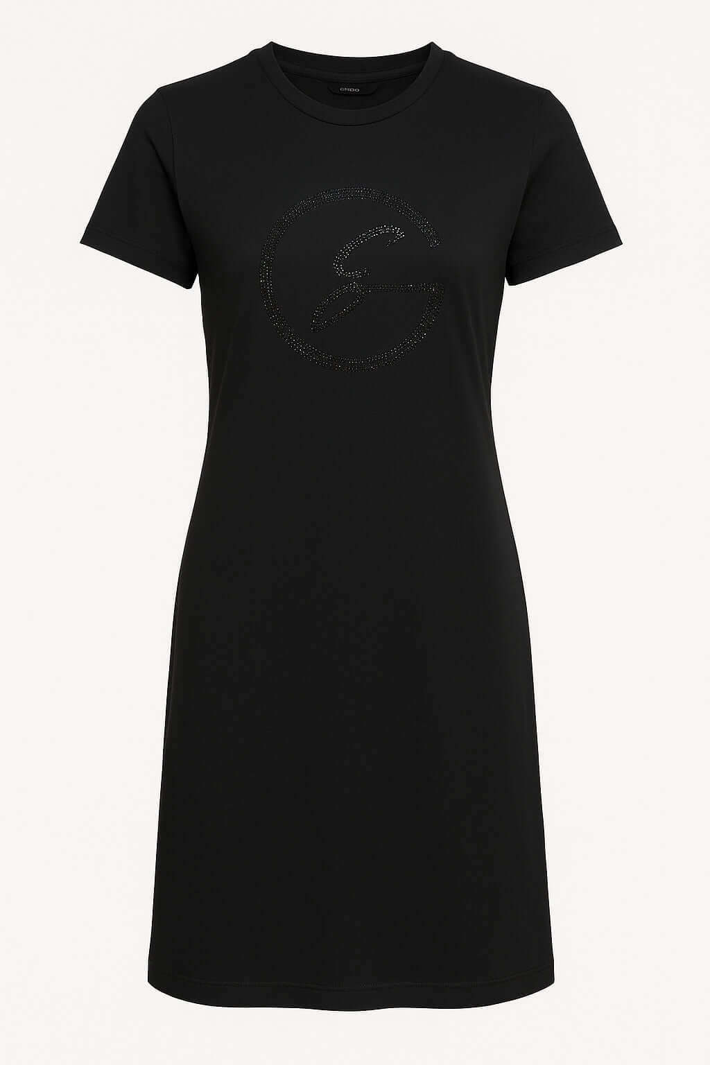 Abito Gattinoni Estivo Elegante, abito t-shirt nero in cotone elasticizzato con logo "G" in strass.