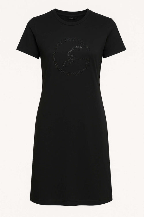 Abito Gattinoni Estivo Elegante, abito t-shirt nero in cotone elasticizzato con logo "G" in strass.