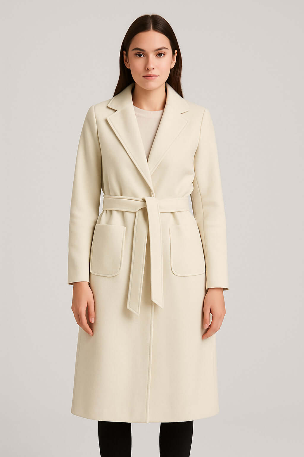 Cappotto Donna Elegante con Cintura, caldo, sartoriale, minimal chic, tasche laterali, look versatile.