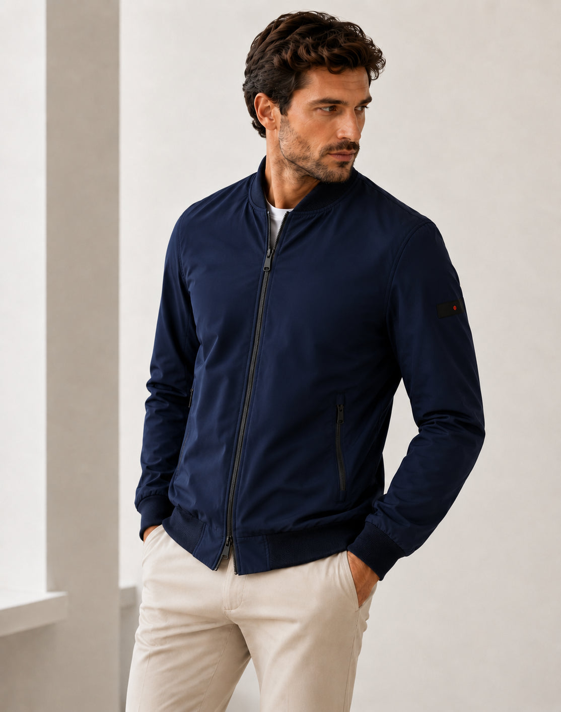 Bomber Leggero Premium Doppio Cursore Collo Trapuntato Punto Milano Blu