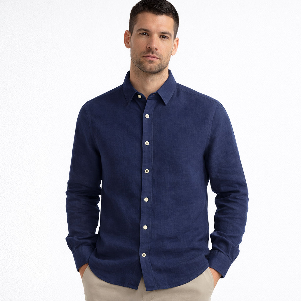 Camicia Uomo Lino Colletto Classico Blu