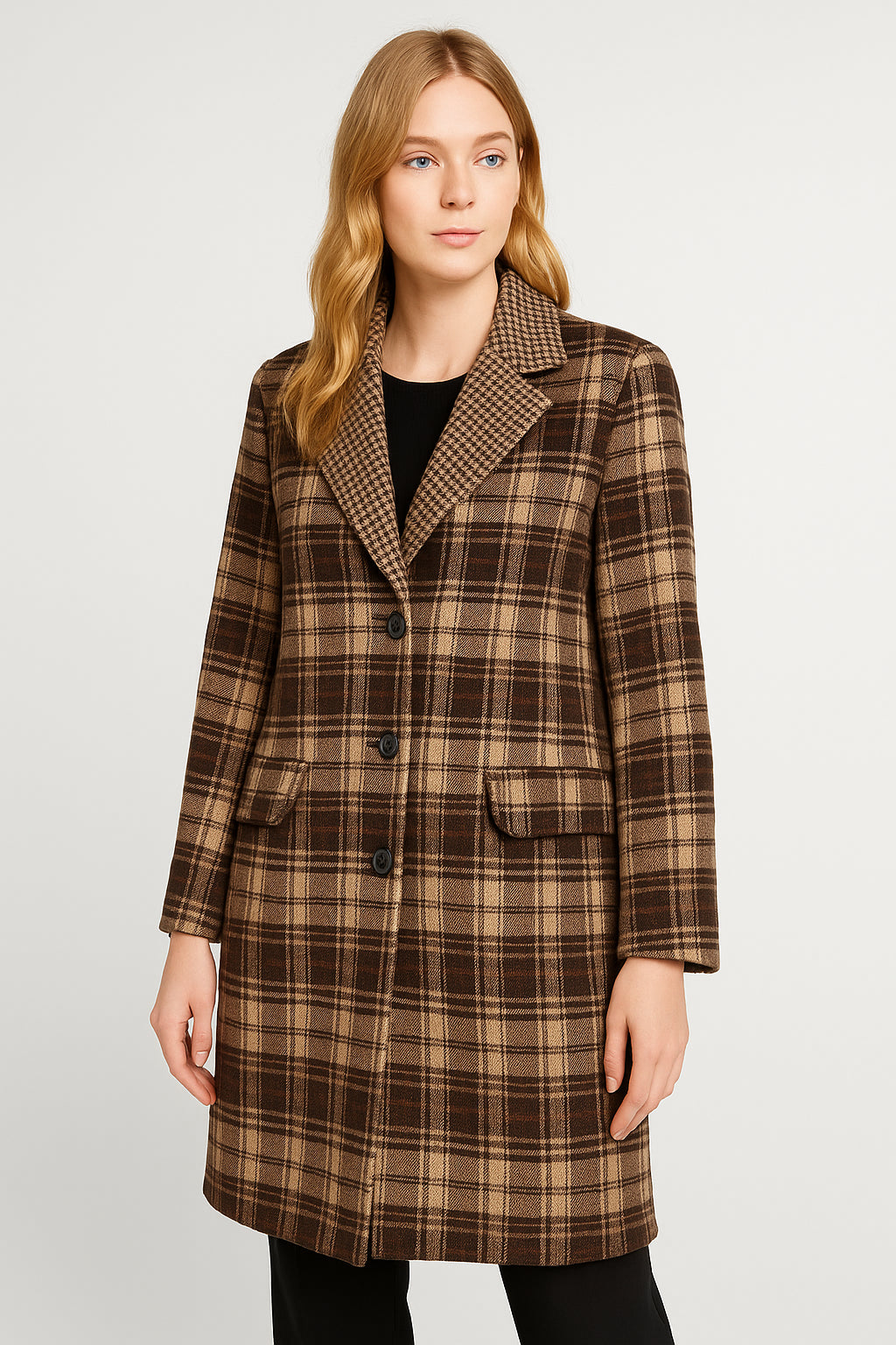 Cappotto Lungo Donna a Quadri Reverse Pied de Poule