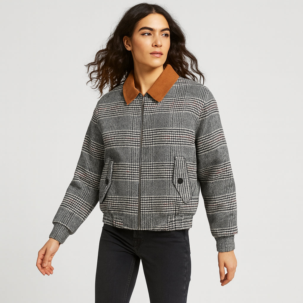 Giubbino Donna Check Scozzese con Colletto Camel