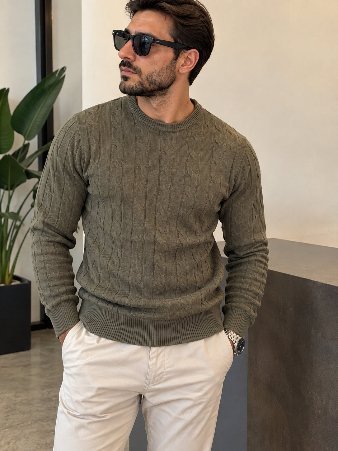 Jersey de punto Milano cuello redondo con trenzas
