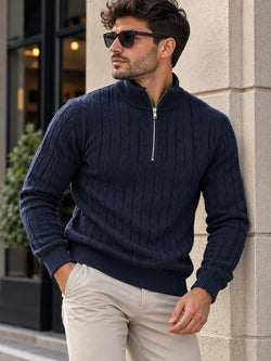Punto-Milano-Pullover mit Zopfmuster, Stehkragen und halbem Reißverschluss