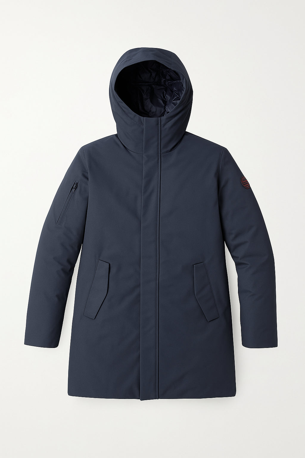 Giubbino Austen Museum parka navale con cappuccio fisso, imbottitura calda e chiusura con zip coperta.