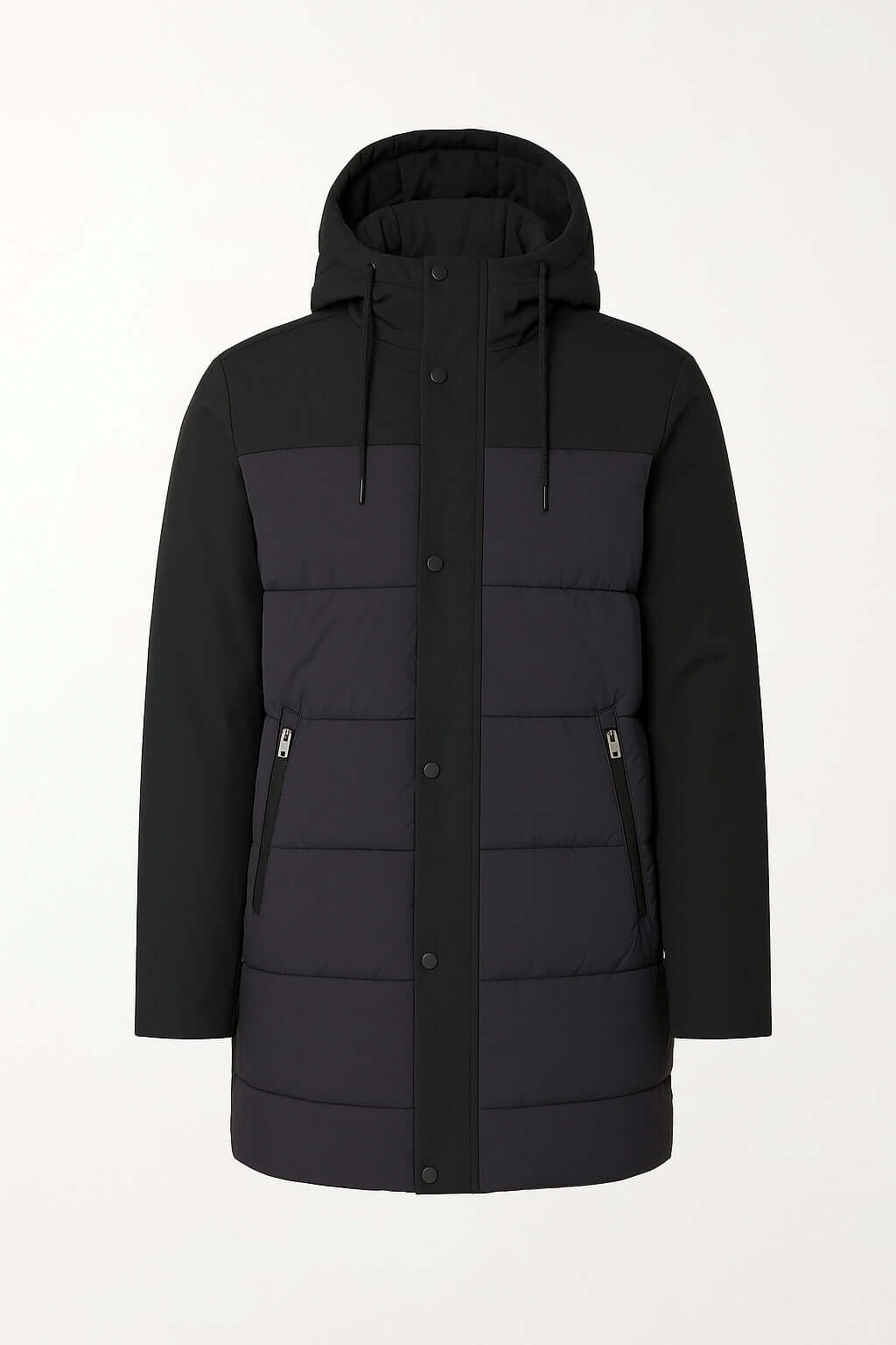Giubbino Puffer con Cappuccio, giacca imbottita nera con cappuccio e chiusura a zip, ideale per l'inverno.