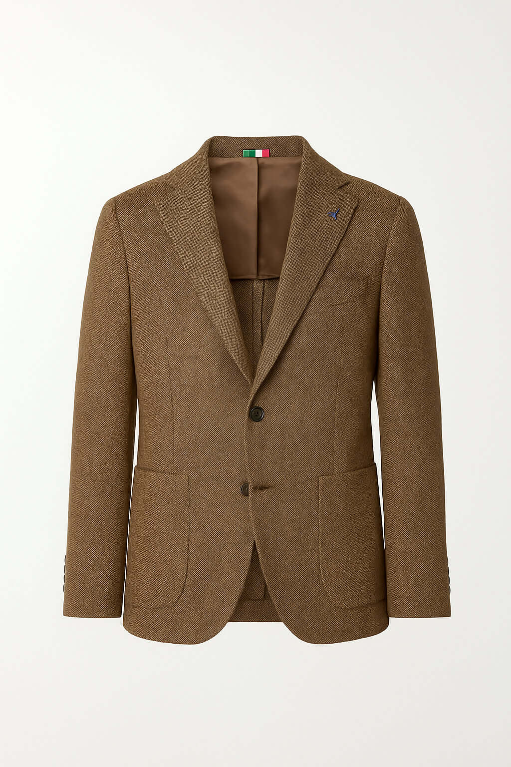 Giacca Uomo Elegante Monopetto in tessuto marrone, con revers classico e chiusura a due bottoni per uno stile raffinato.