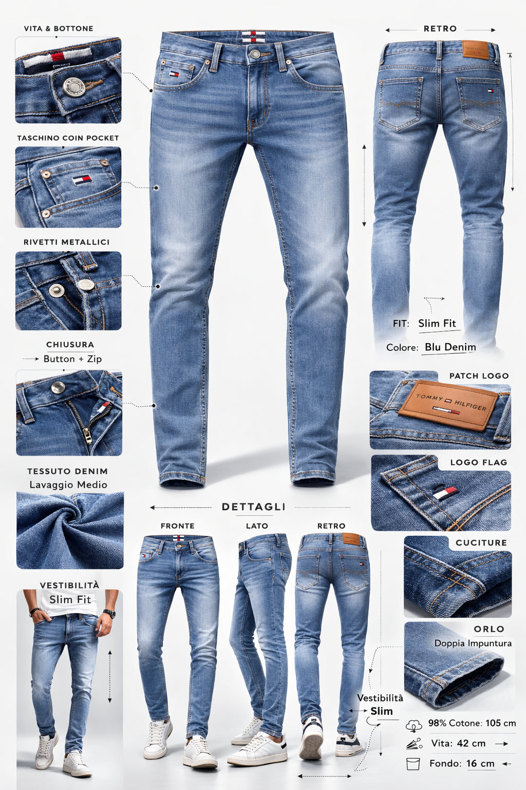  TommyHilfiger Jeans Uomo Slim Fit Blu Denim Dettagli