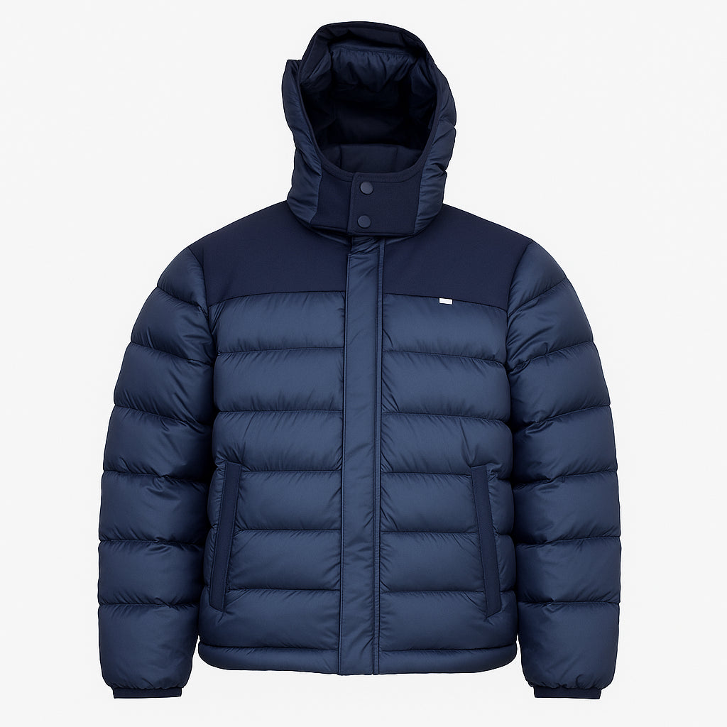 Giubbino Invernale Comfort blu, imbottito, con cappuccio, tasche con zip, design moderno e leggero per l'inverno.