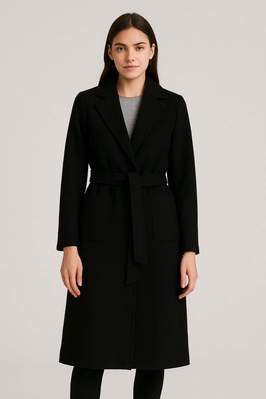 Cappotto Donna Elegante con Cintura, cappotto in lana misto caldo, design minimal chic, perfetto per outfit casual e raffinati.