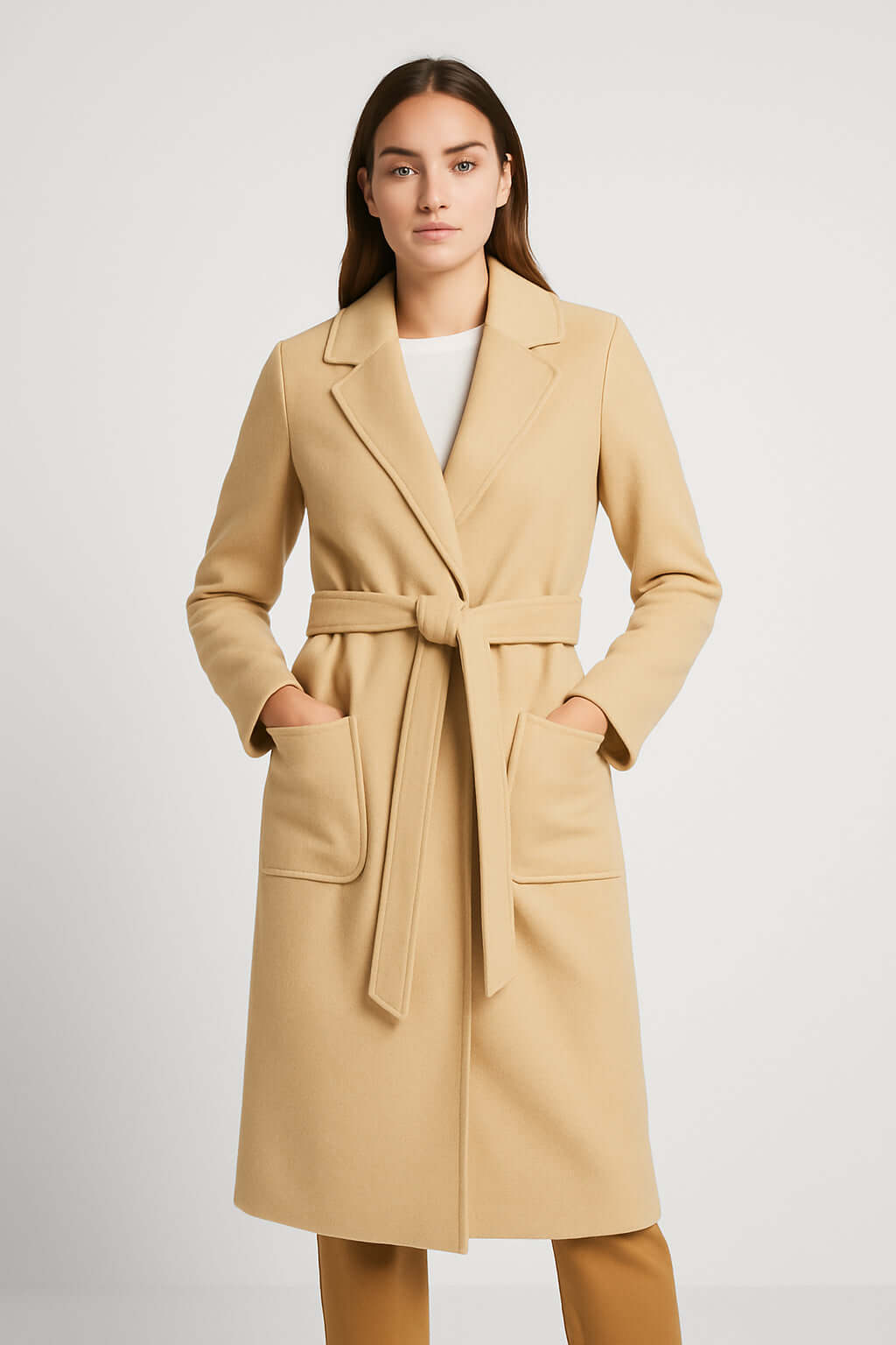 Cappotto Donna Elegante con Cintura in caldo misto lana, design minimal chic con cintura regolabile e tasche laterali.