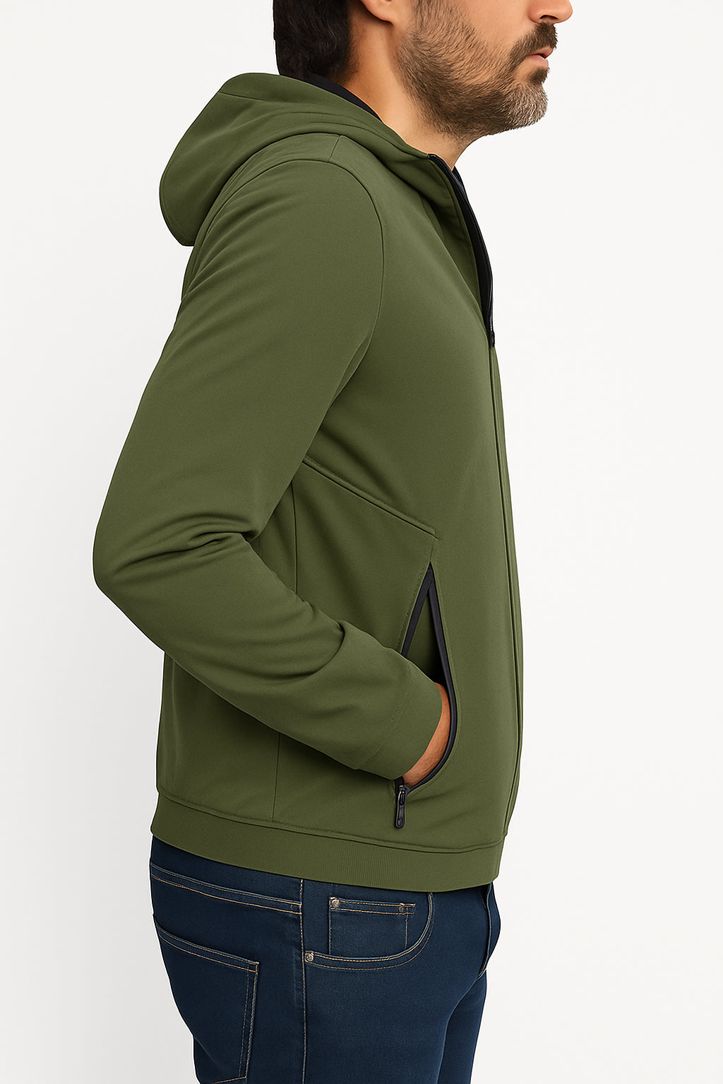 Giubbino Antivento Estiva Double Face mostrato di profilo, realizzato in tessuto tecnico verde, con cappuccio.