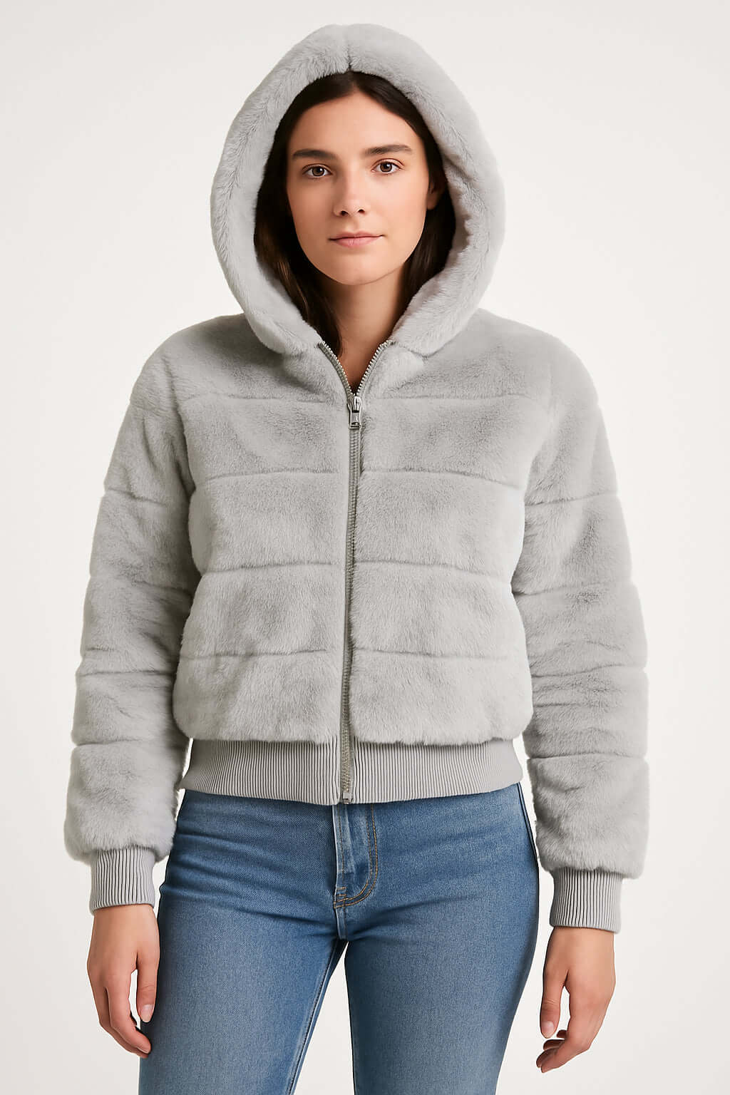 Piumino Donna Smesh in eco pelliccia grigia con cappuccio e chiusura zip, ideale per look elegante e caldo.