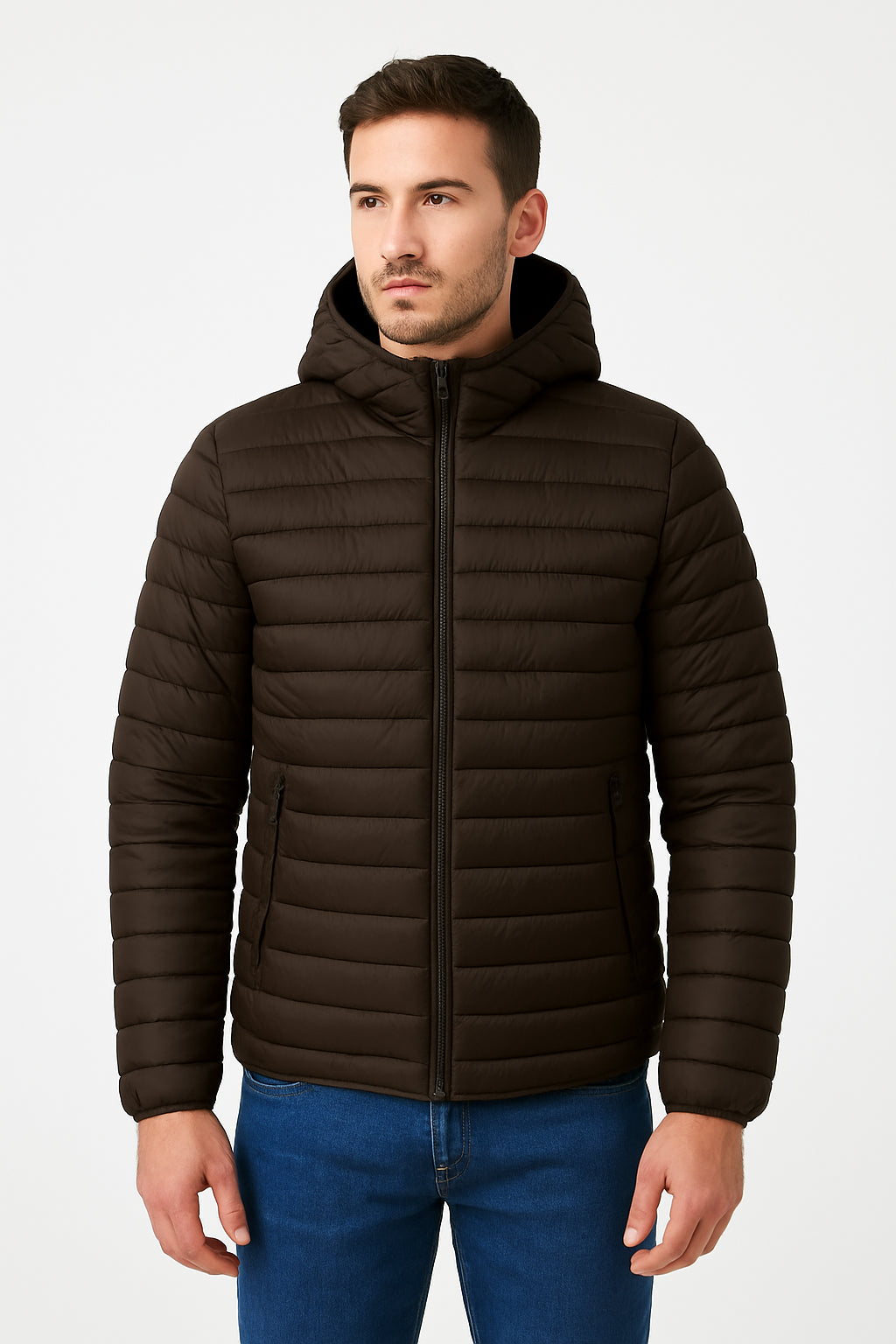 Giubbino Bomber 100 Grammi in brown with hood, perfect for spring and autumn, featuring a zipper and side pockets.