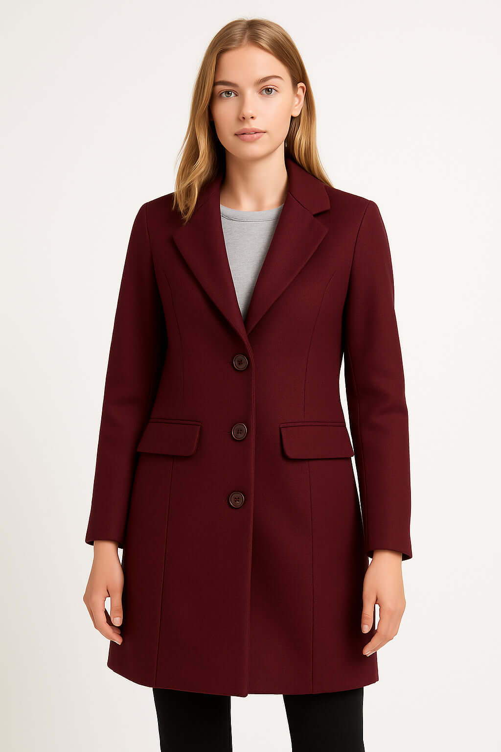 Cappotto Borgogna Elegante indossato da donna, con taglio sartoriale e tre bottoni, ideale per l'autunno e l'inverno.