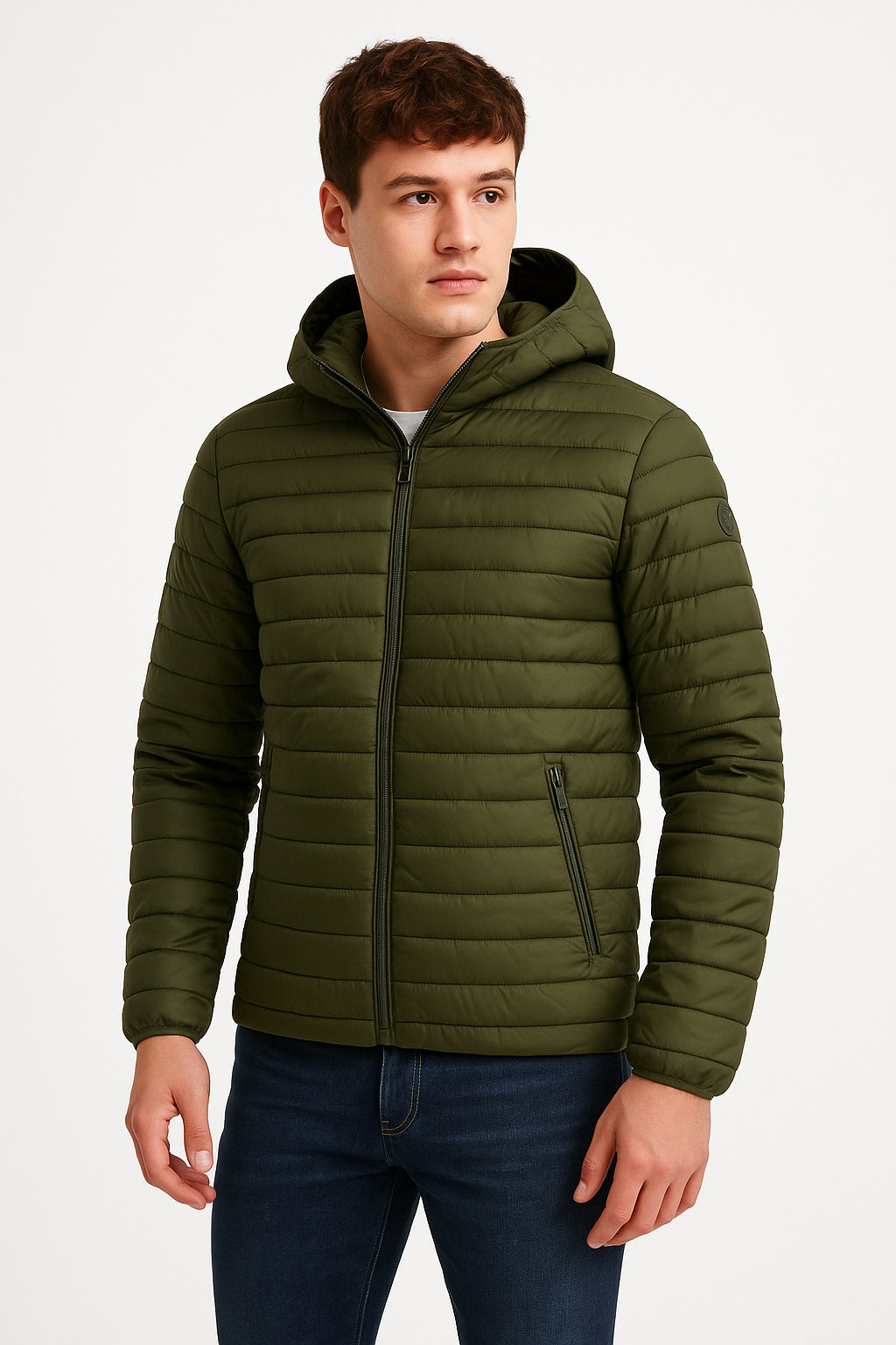 Giubbino Bomber 100 Grammi in verde, leggero con cappuccio, imbottitura 100g, ideale per la mezza stagione.
