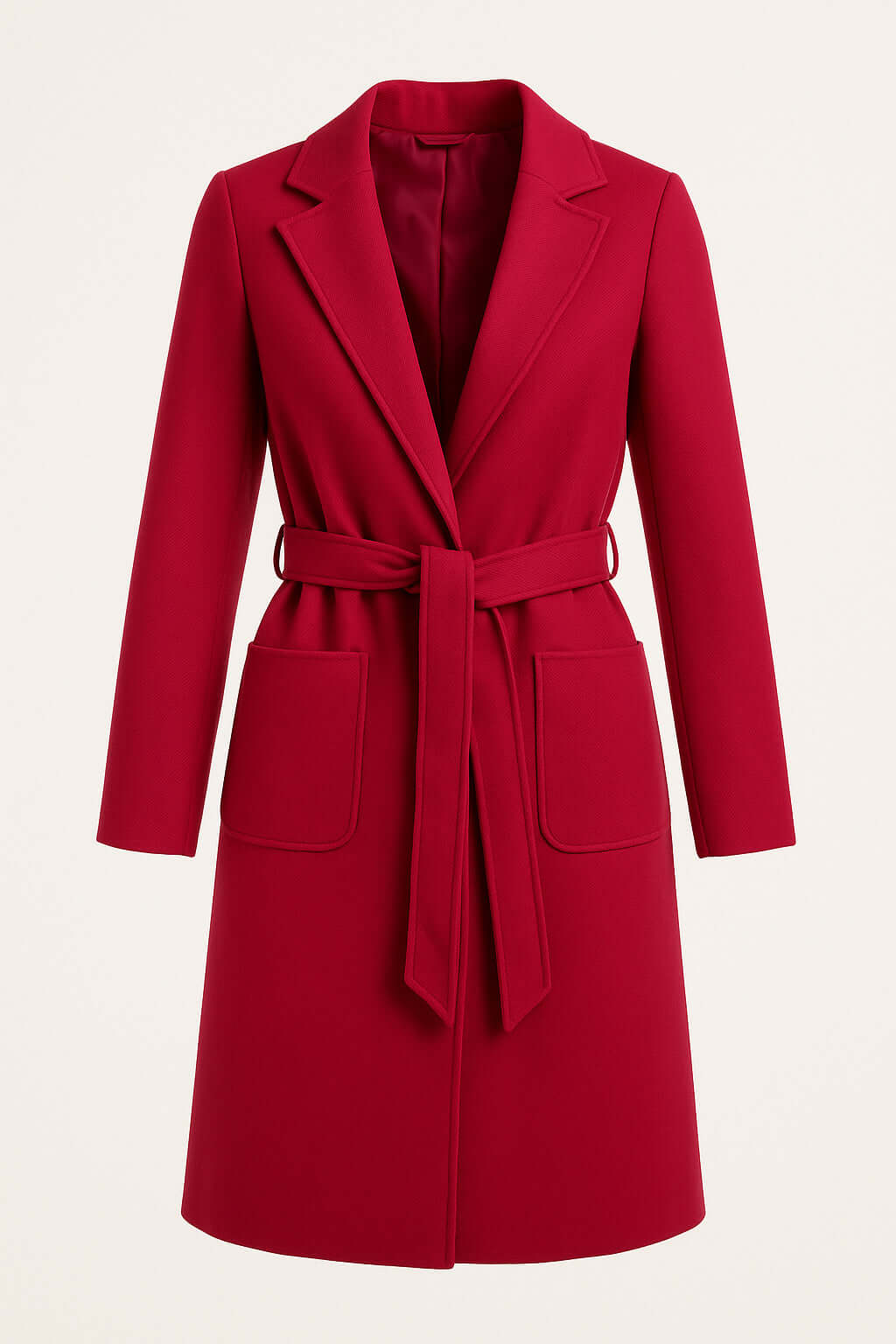 Cappotto Donna Elegante con Cintura in lana misto caldo, design minimal chic, colore rosso, con tasche e cintura.