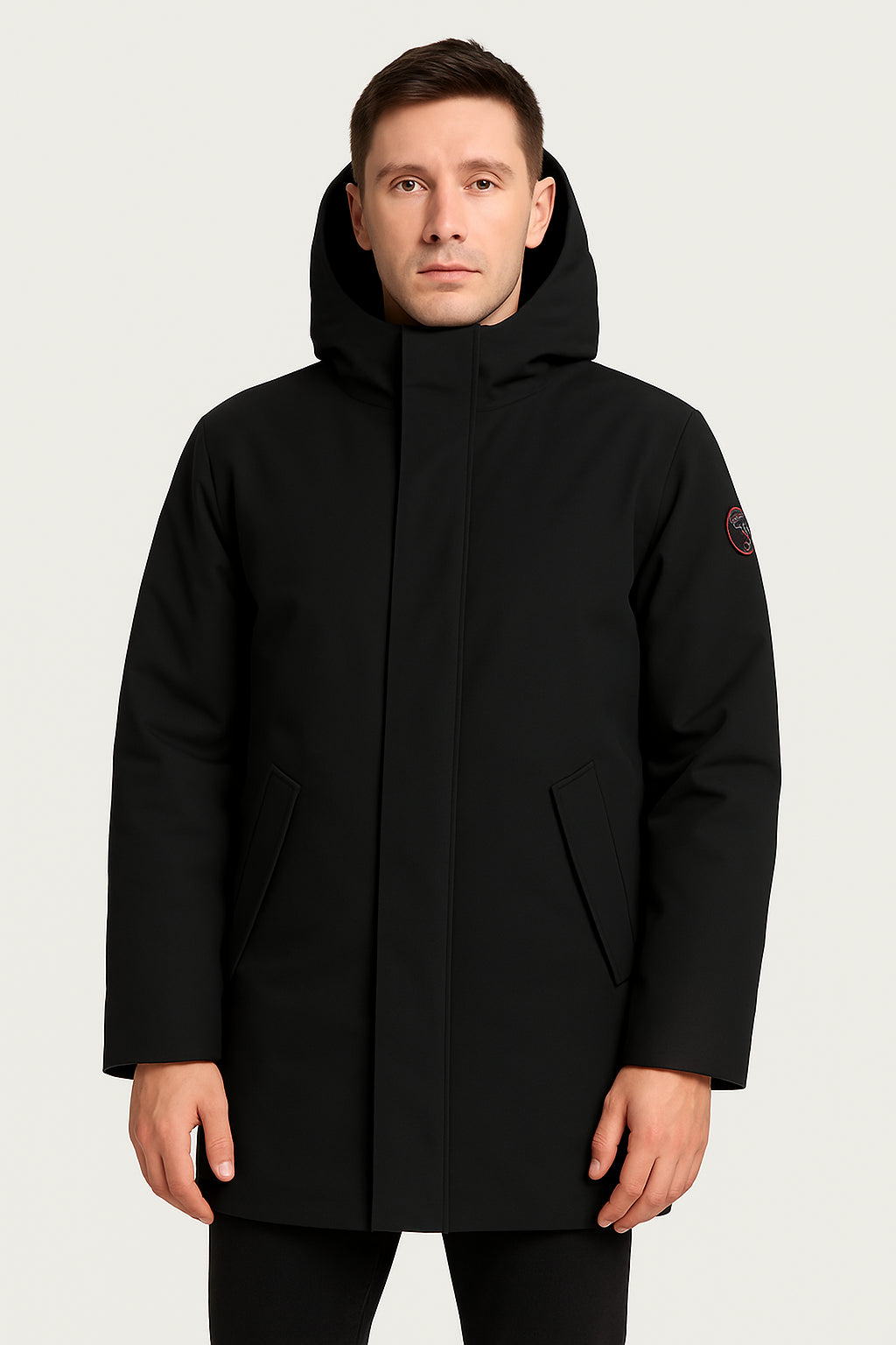 Giubbino Austen Museum, parka nero con cappuccio, isolamento termico, protezione dal vento e resistente all'acqua.
