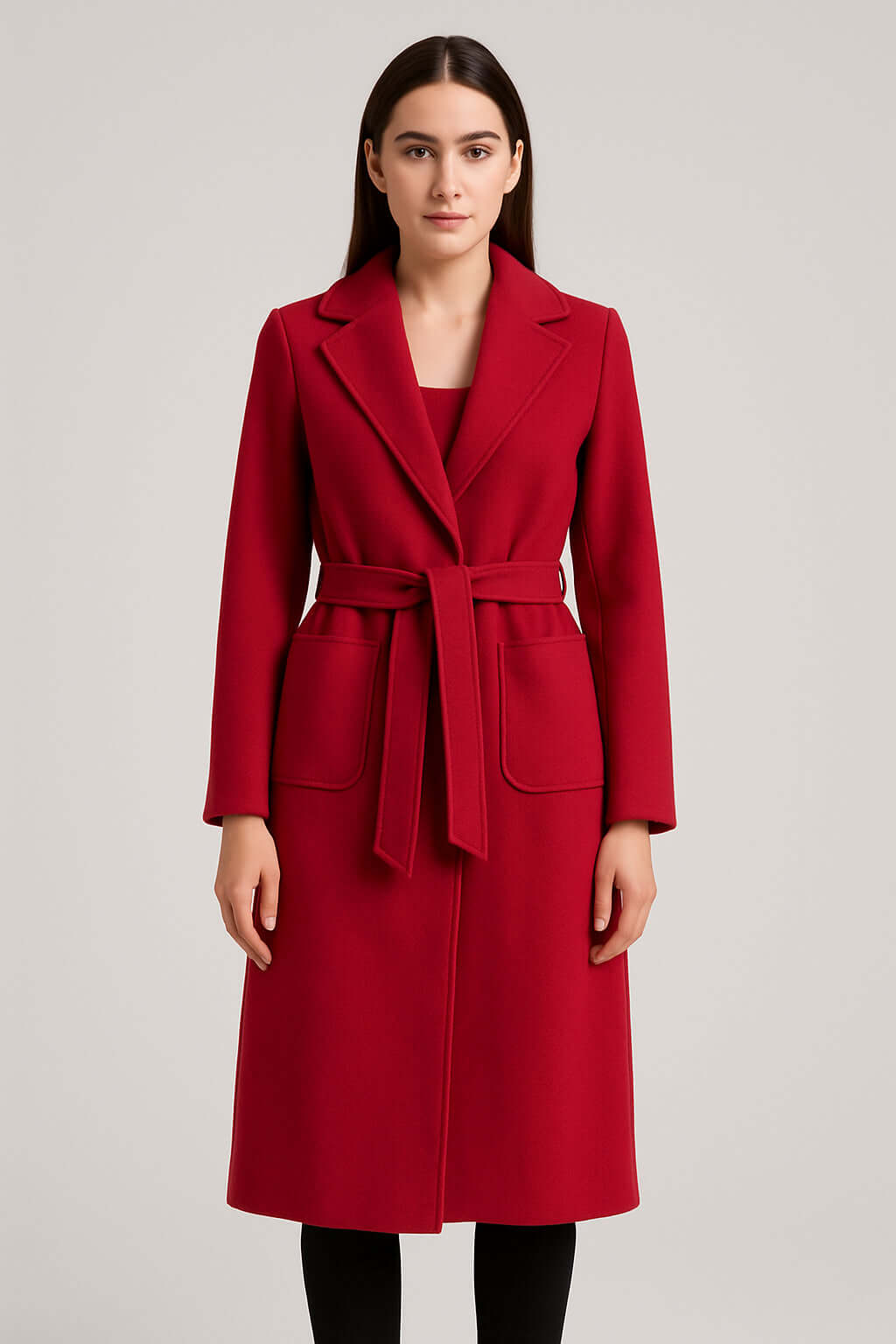 Cappotto Donna Elegante con Cintura in rosso, con design minimal chic e cintura regolabile.