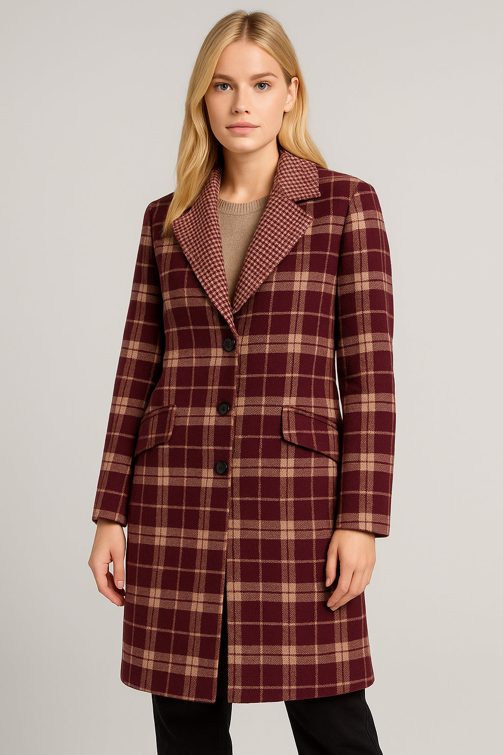 Cappotto Lungo Donna a Quadri Reverse Pied de Poule