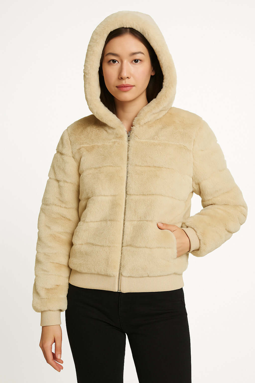 Piumino Donna Smesh in eco pelliccia, corto con cappuccio, comodo e chic per la stagione fredda.