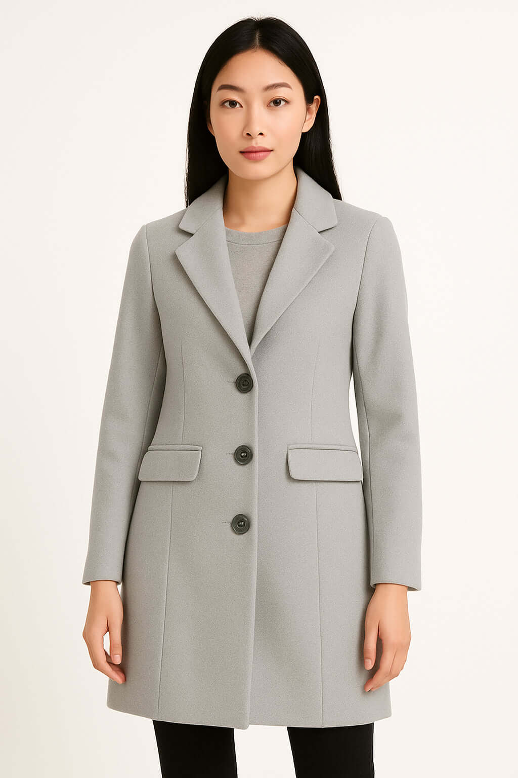 Cappotto Borgogna Elegante, giacca da donna grigia con chiusura a 3 bottoni e tasche laterali.