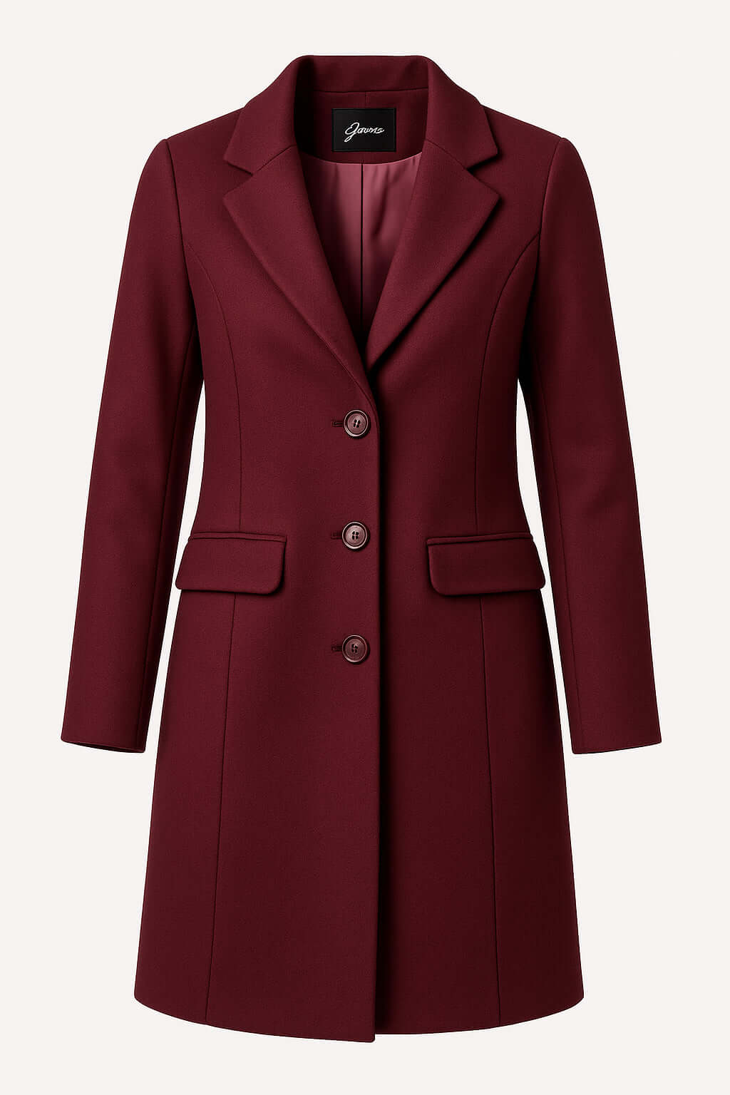 Cappotto Borgogna Elegante da donna con vestibilità slim e chiusura a 3 bottoni, ideale per l'autunno e l'inverno.